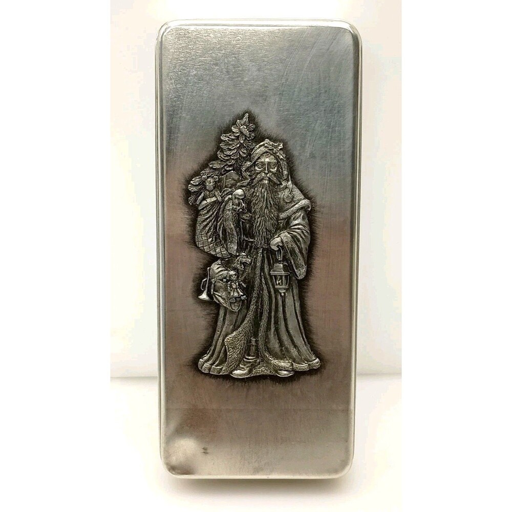 Vintage Metzke Silver Metal Rectangular Shaped Tin with Pewter Father Christmas